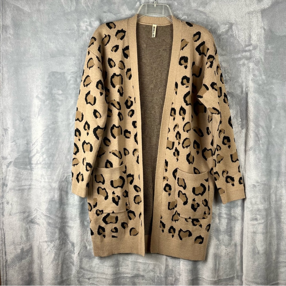 Grecerelle Leopard Print Cardigan Sweater Sz Small Tan Open Front Boho